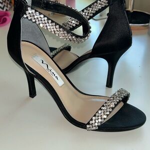 Nina Black Satin Heels with Rhinestone Straps